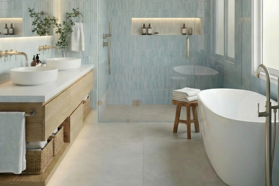 Bathroom renovation in Georgia by Southern Evergreen Homes featuring modern blue tiles, freestanding tub, and double vanity.