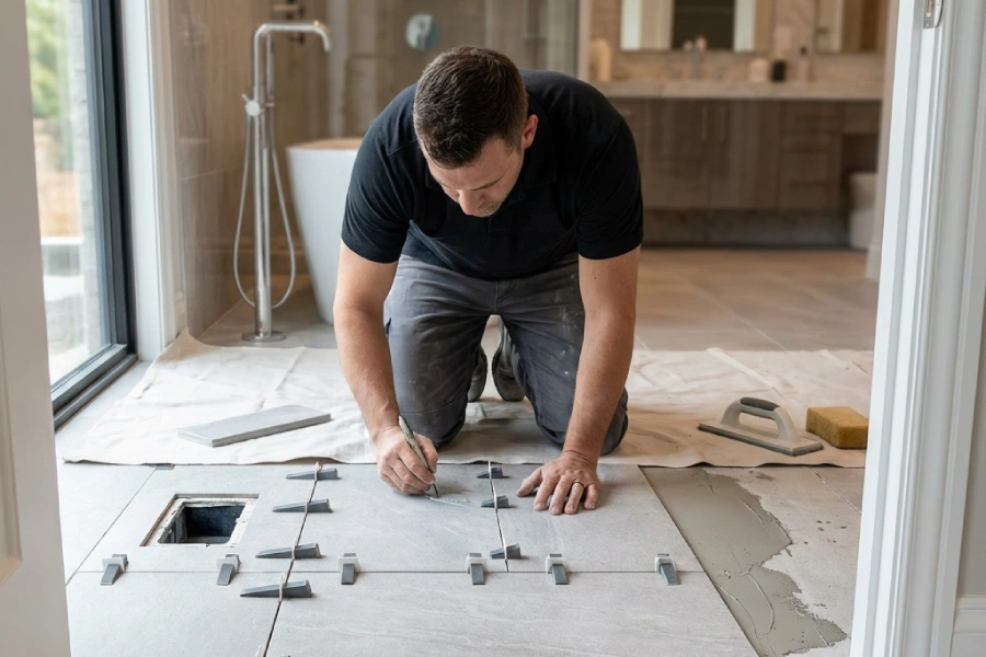 Hands installing wood flooring planks during a flooring renovation project in Georgia