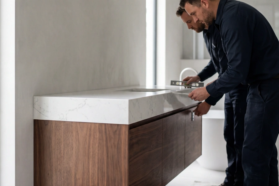 Professional team performing a precision vanity installation with leveling tools during a bathroom renovation in Georgia by Southern Evergreen Homes