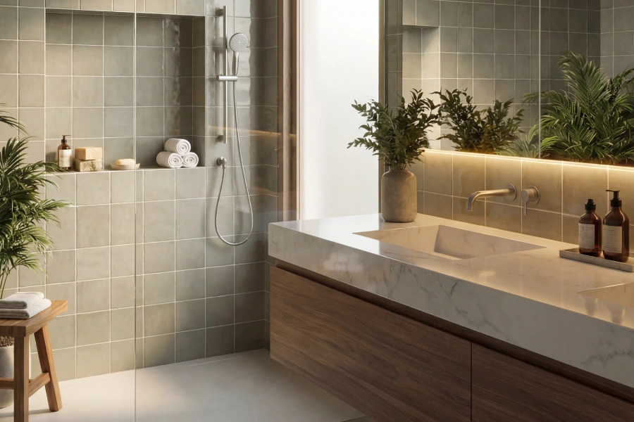 Elegant bathroom renovation in Georgia featuring soft green wall tiles, a marble countertop, and a modern walnut vanity by Southern Evergreen Homes
