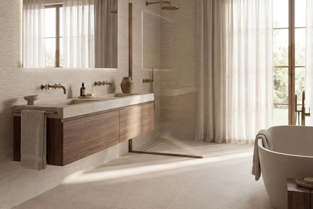 Modern bathroom renovation in Georgia featuring a floating double vanity, walk-in glass shower, and freestanding tub by Southern Evergreen Homes