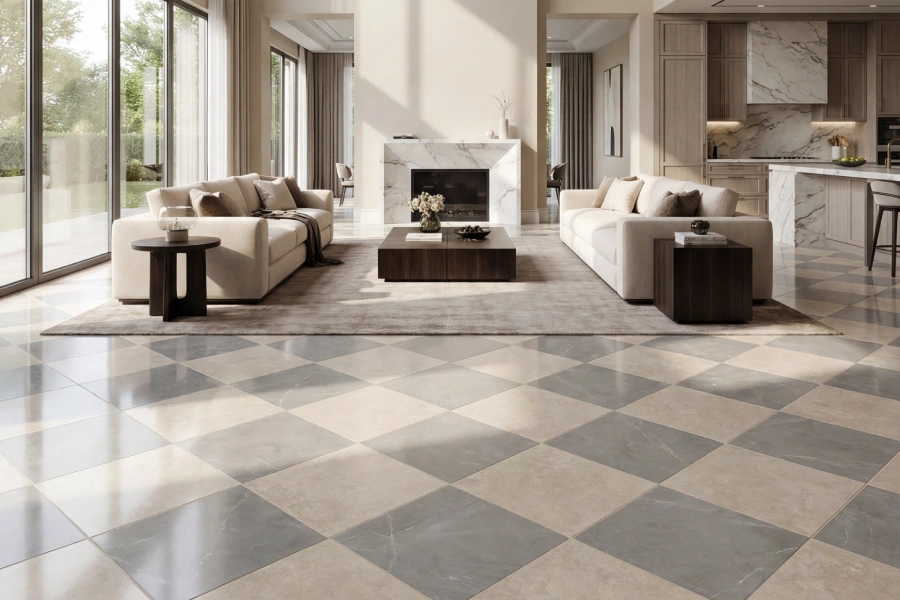 Open-concept living room and kitchen renovation in Georgia featuring polished checkered tile flooring and modern design by Southern Evergreen Homes