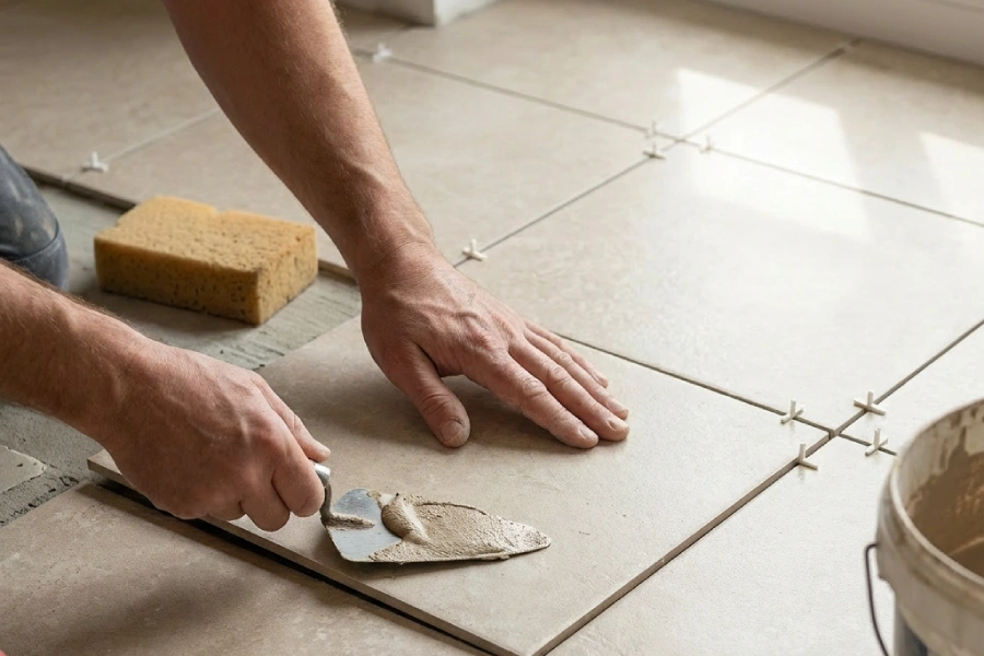 Precision tile installation with spacers and professional mortar application for a flooring renovation in Georgia by Southern Evergreen Homes.