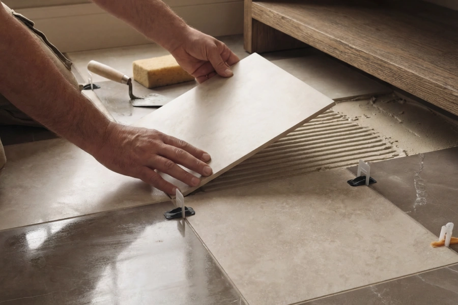 xpert flooring contractor performing precise tile installation with leveling spacers during a home renovation in Georgia by Southern Evergreen Homes.